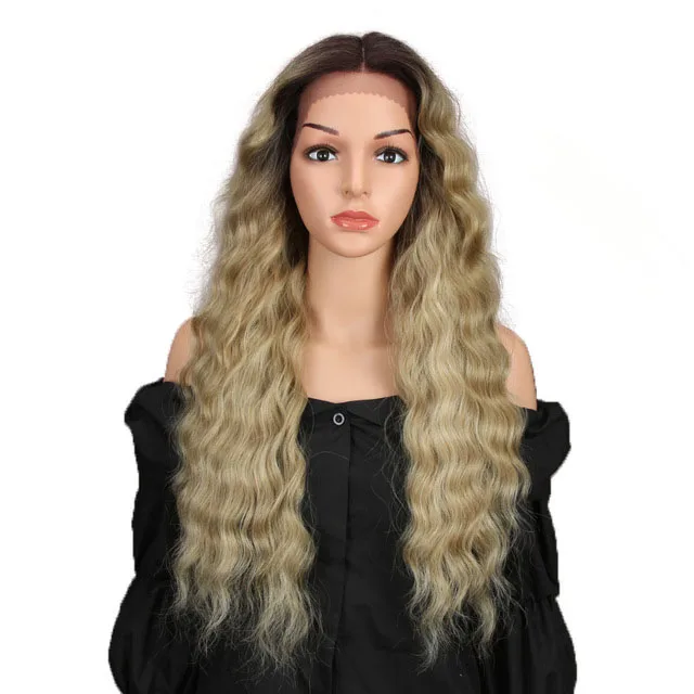 

Sleek Hot Selling For Black Women Ombre Blonde 13x4 Lace Frontal Wig Cosplay Wigs 28 Inch Long Wavy Heat Resistant Synthetic Wig, Pictures showed