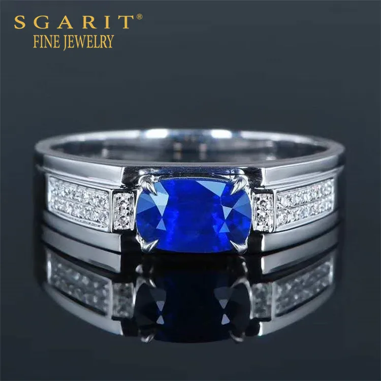 

SGARIT hot sale gemstone jewelry customization 18k gold men ring 1.2ct Sri Lanka natural blue sapphire ring