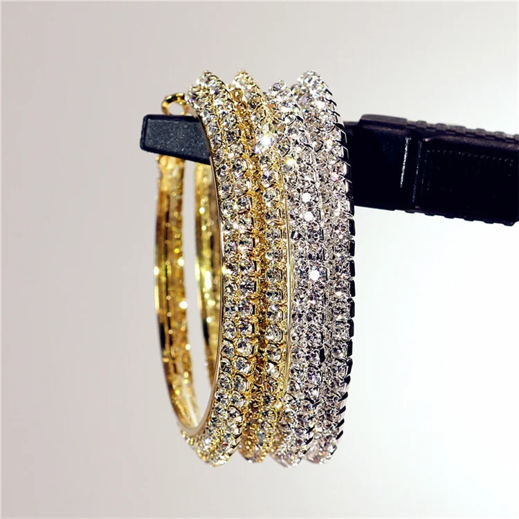 

European And American Exaggerated Diamond Set Double Large Circle Hiphop Hoop Earrings, Gold silver