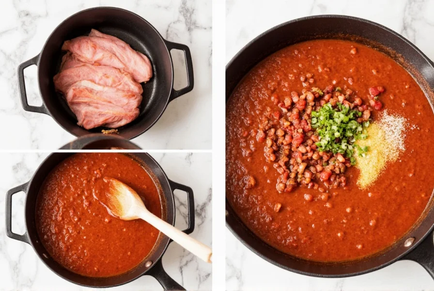 Step-by-step process of making chili dog sauce showing ingredients being combined in a skillet