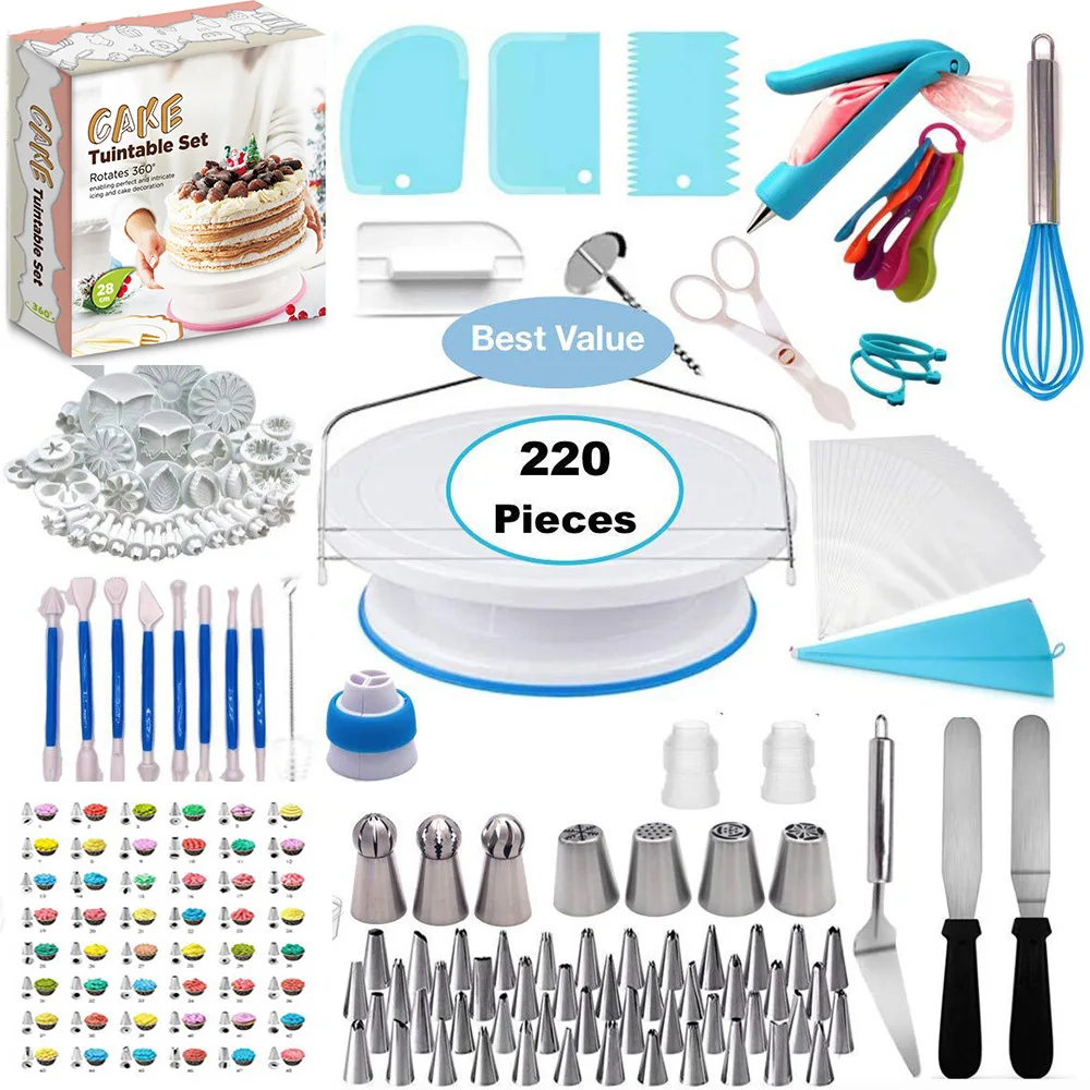

220 pcs cake decorating rotating cake stand turntable kit baking tools with icing piping tips nozzle set, Customized color