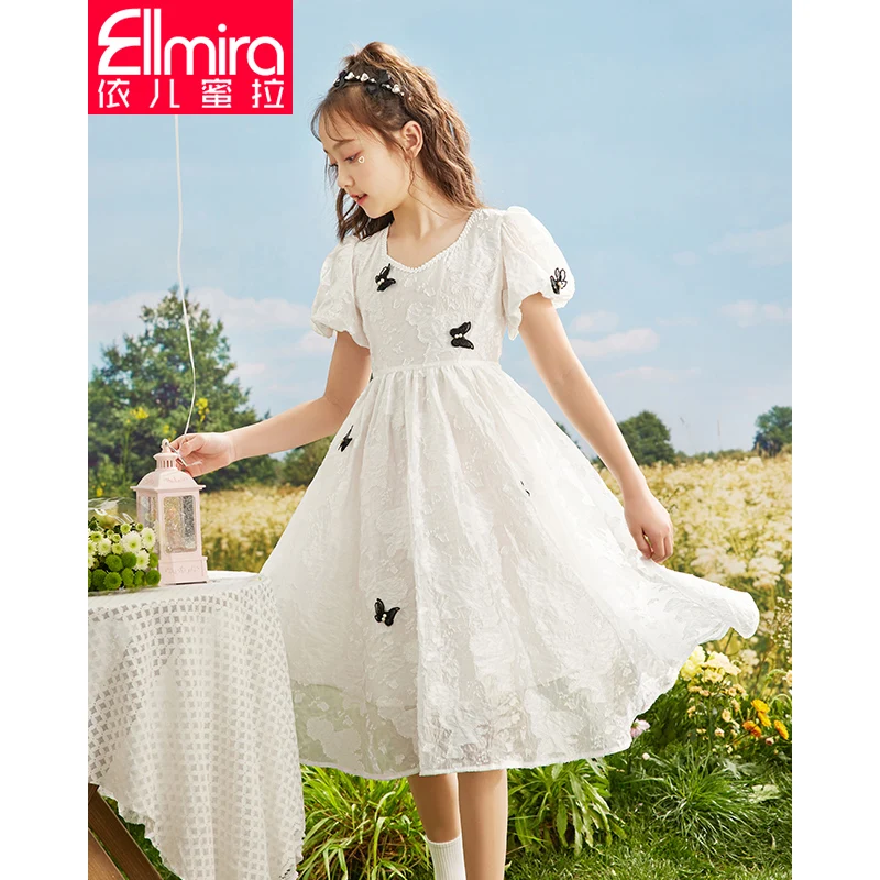 

Girls' princess dress white summer children's lace dress 2022 New Korean style older girls' summer wear Butterfly Party Dress