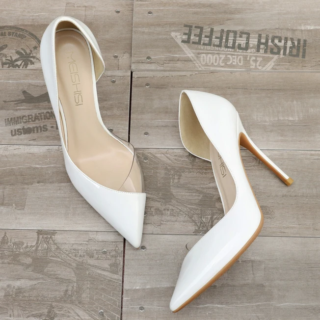 

Goxeou Drop Shipping Crystal Transparent Pointed Toe Party Wedding Shoes Clear Side Large Size Patent Leather High Heels Pumps