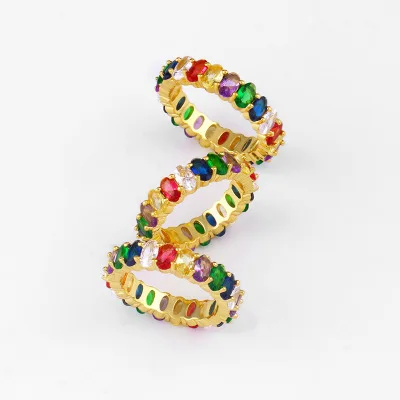 

2020 New Gold Plated Wide Face Oval Rainbow Cubic Zirconia Ring Micro Pave Colorful Cubic Zirconia Ring