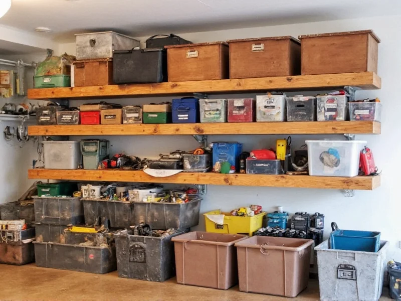Reclaimed wood garage shelving holding power tools and bins
