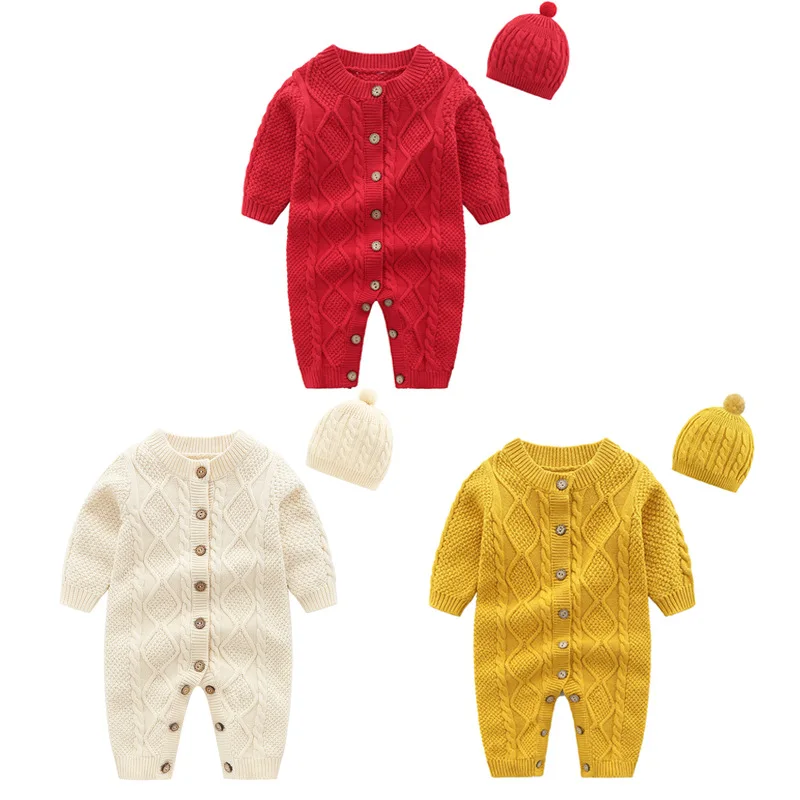 

Korean Version Solid Color Button Twist Knitted Rompers Baby Boy Baby Girl Clothes, Red yellow beige