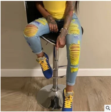 

Ripped Jeans For Women Free Shipping Fashion Color Skinny Hole Jeans Female Party Club Hollow Out Denim Pants