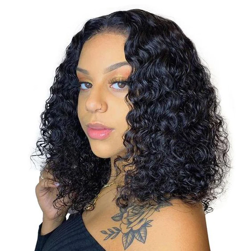 

Top Selling 14 Inch Curly Hair Extensions Lace Wig Full Virgin Brazilian Human Hair Deep Wave Swiss 4x4 Lace Front Wig For Women
