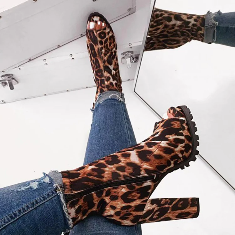 

leopard stretch fabric ankle zipper boot block heel women boot wedge big size boot, Any color