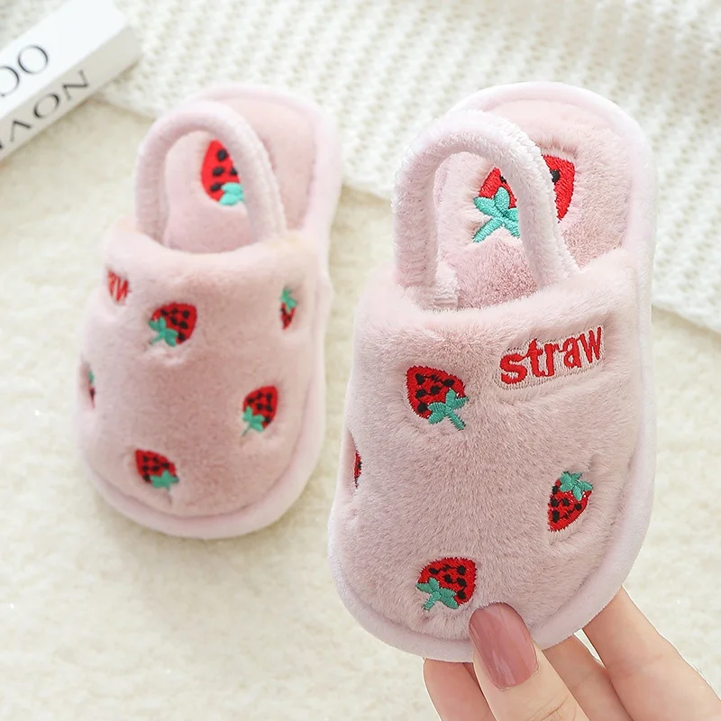 

ZM03 Kids Spring Fruits Embroidery Warm House Slippers Indoor Non Slip Home Slippers For Baby, As picture or custom