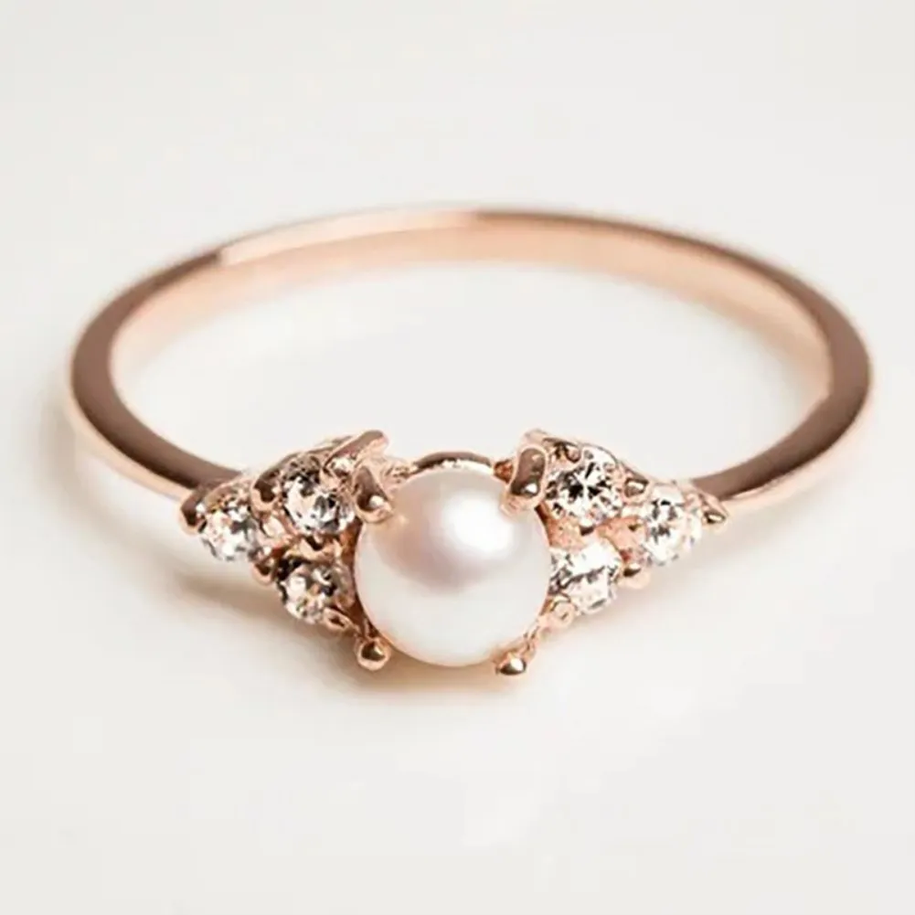 

New ring elegant rose gold pearl ring simple temperament diamond proposal ring
