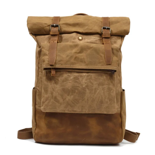 

low MOQ wholesale custom logo man travel roll top wax canvas leather backpack rucksack, As picture/customize colors
