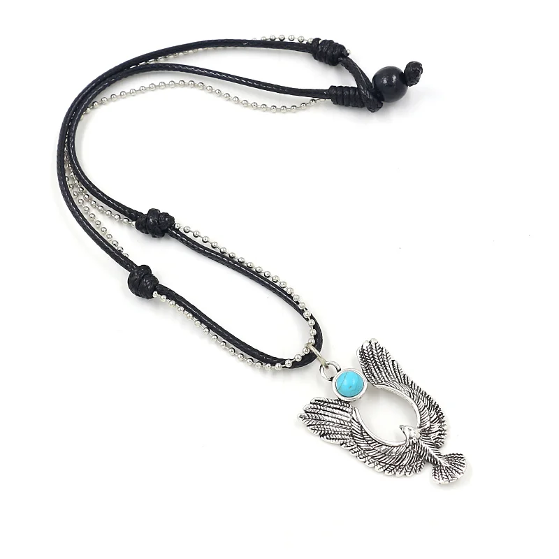 

Ethnic Style Personality Eagle Inlaid Turquoise Antique Silver Plated Alloy Pendant Necklaces Men's Braided Rope Short Necklace, As picture