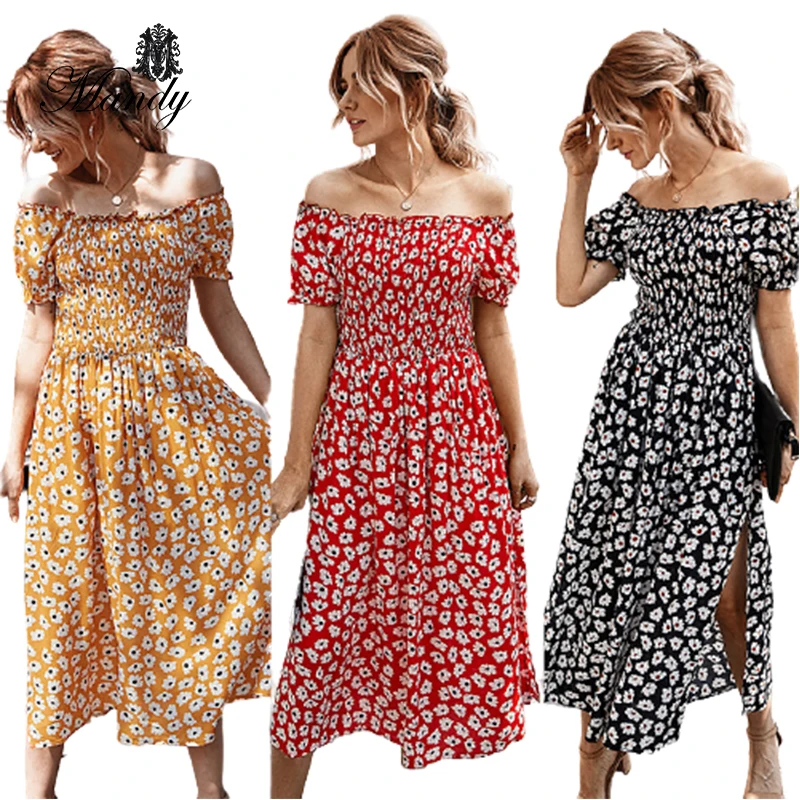 

2021 Fashion Casual Off Shoulder Pleated Floral Dress Ladies Summer Printed Short Sleeve Elegant Women's Midi Dress