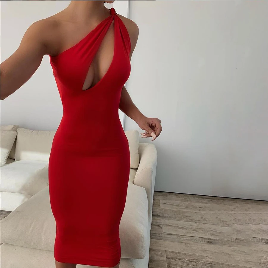 

2021 summer collection women asymmetrical design hollow solid sexy midi dress women