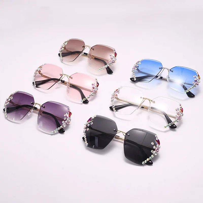

Hot Sell Fashion Women Drop Shipping China Manufacturers Diamond Cut Sun Glasses Rimless Pearl Sunglasses