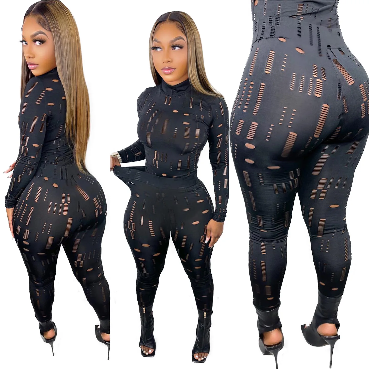 

2022 NEW elastic ripped turtleneck two piece set hollow out long-sleeved top pencil pants set tights sets for women