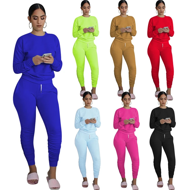 

D96964 woman clothes 2021 trending solid color long sleeved two piece sweatpants two piece pants set