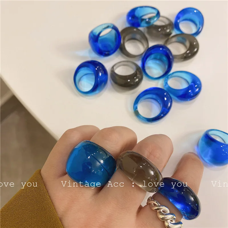 

OUYE 2021 Wholesale jewelry Korean retro blue ring transparent color ring girly candy color resin ring, Picture