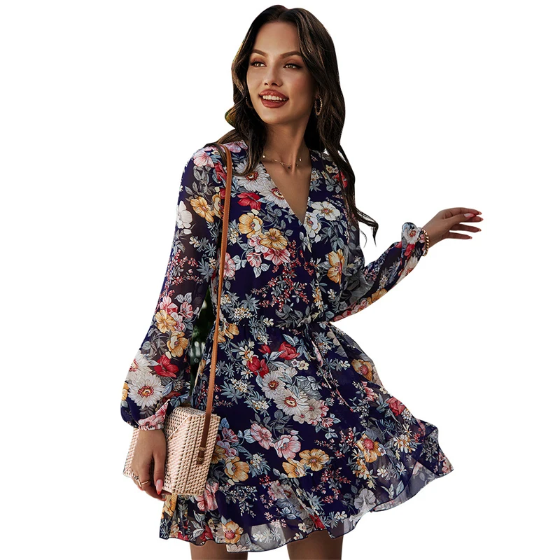 

2021 new style spring women clothing floral printing chiffon dress long sleeve bohemian natural casual dresses