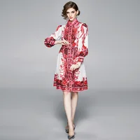 

Wholesale 2020 Spring vintage print lady dress belt decoration ruff sleeves casual dress for women