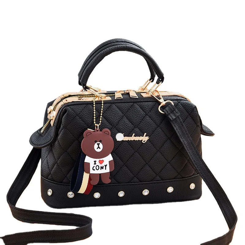 

Plaid Korean Portable Women Shoulder Handbags For Modern Women Pu Leather Handbags Luxury Bags with Bear Pendant For Ladies