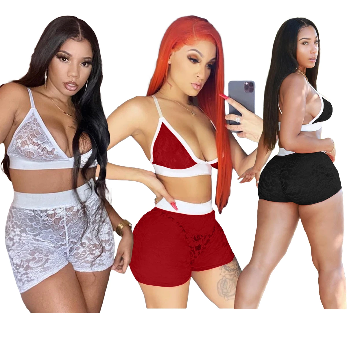 

Women's Mesh Lace Lingerie Set Stretchy Lace Bra With Shorts Sexy 2 Piece Underwear Women Bra Sets