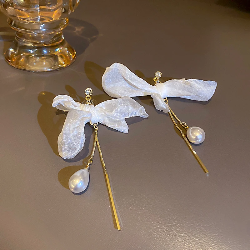 

trendy fashion women white bow lace earrings