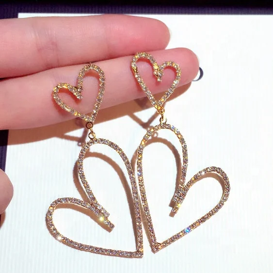 

Exaggerated fashion crystal double heart earrings Wedding long Women Drop earrings Party Jewelry gift, Customized color