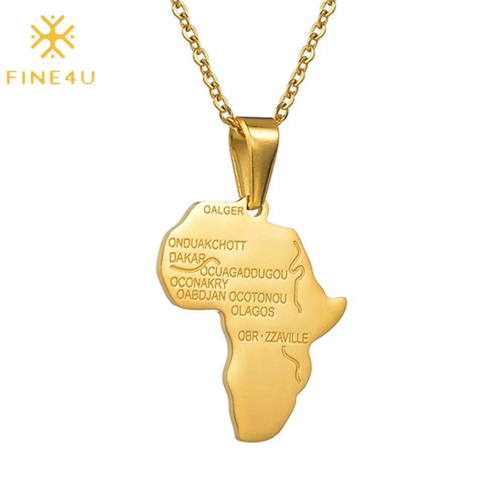 

Bijoux en acier inoxydable collier african hip hop stainless steel 18k gold plated africa map necklace, Steel/gold/black