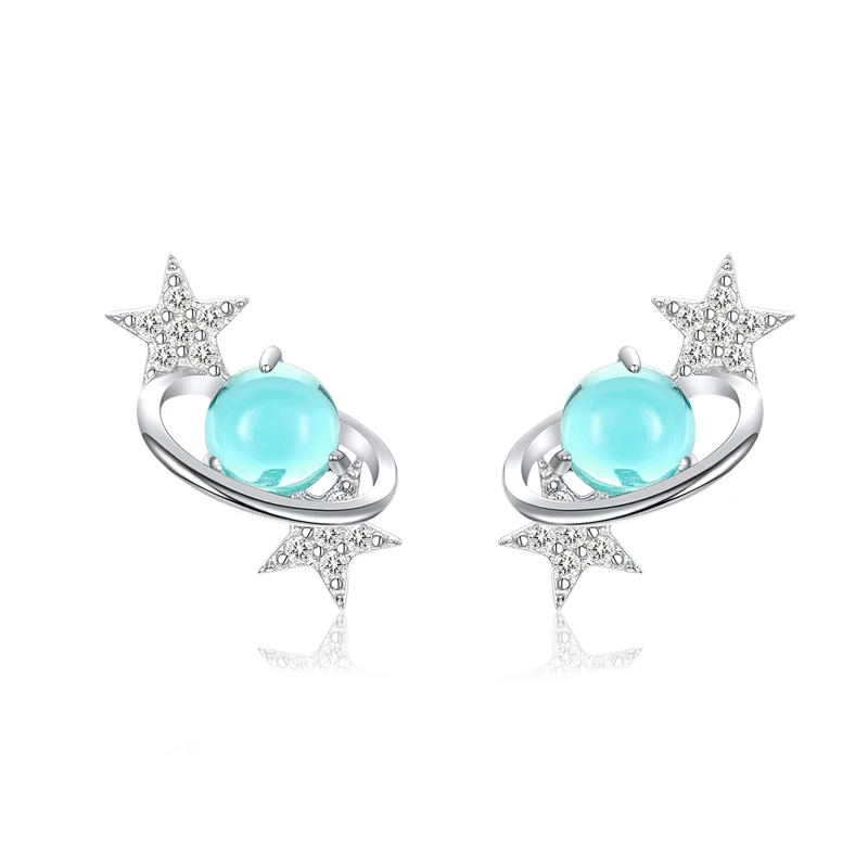 

statement earring shining blue glass planet diamond zircon sterling silver 925 earrings studs women