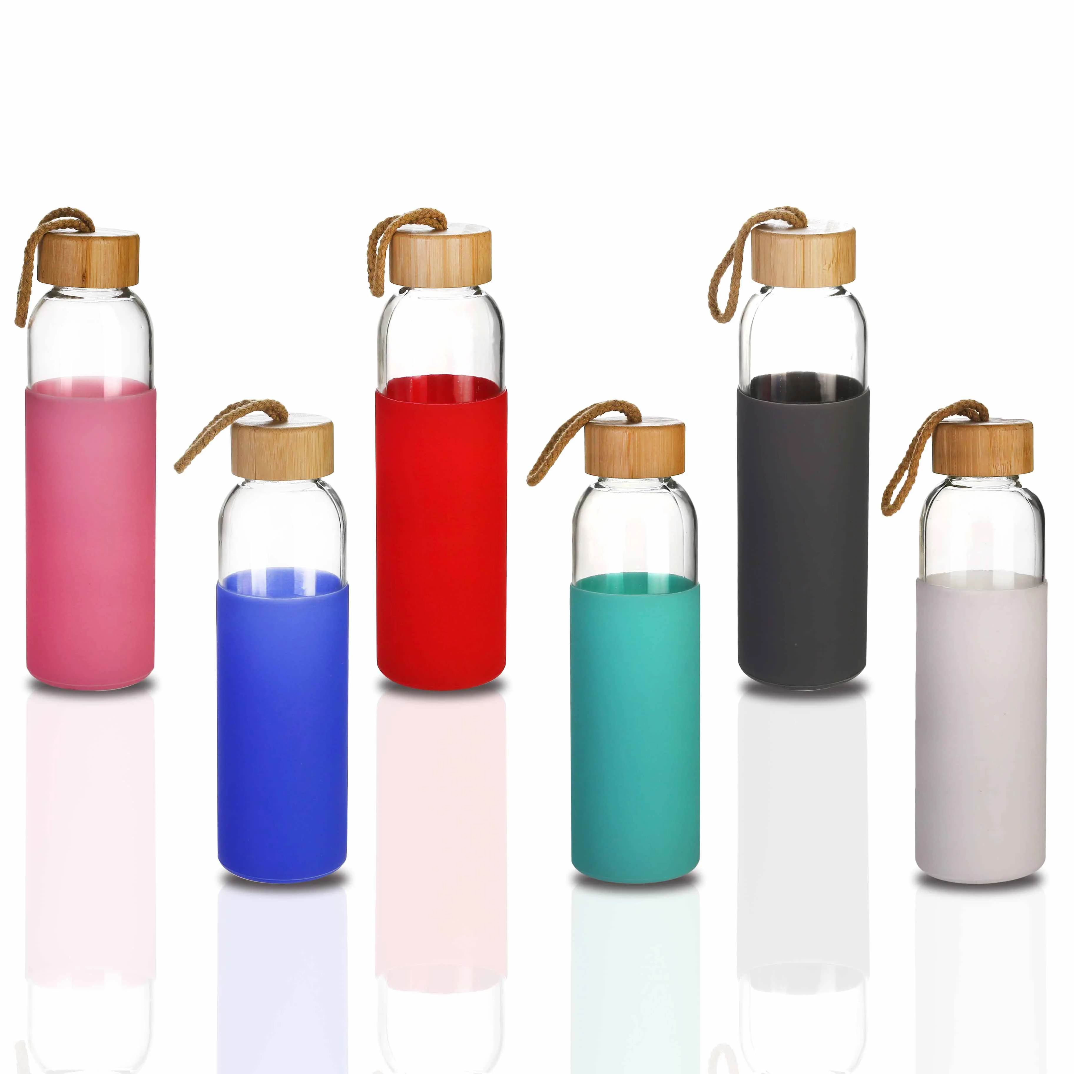 

Borosilicate Glass Craft decorating bamboo lid silicone sleeve bottle Drinking glass water bottle with silicone sleeve, Customized color