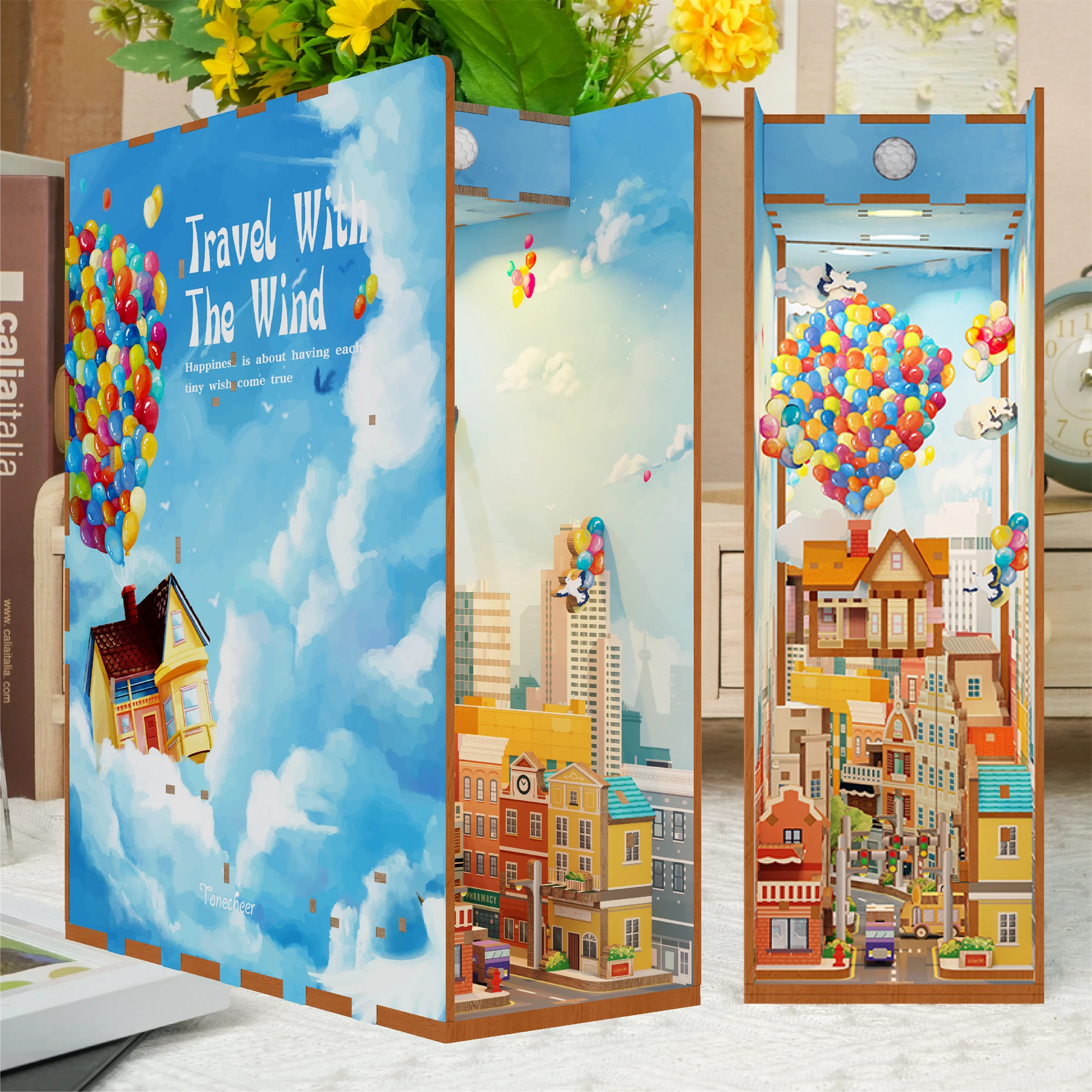 

Tonecheer Travel With The Wind Diy Books Bookshelf Insert children's 3d wooden puzzle Book Nook with body sensor led light