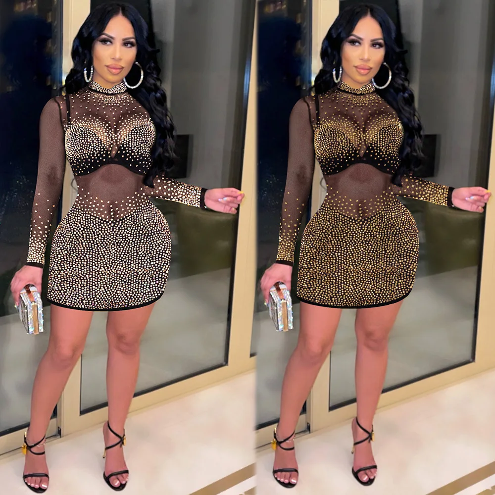 

Hot Night Sexy Women See Through Mesh Long Sleeve Bodycon Mini Dress Luxury Rhinestone Perspective Hot Drilling Club Party Dress