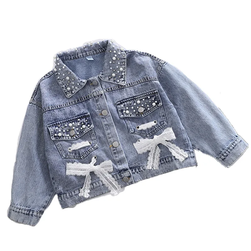 

New Girls Denim Jacket Cardigan Coat Lace Kids Jean Outwear Long Sleeve Autumn Children Clothing Spring Girls Clothes, As picture