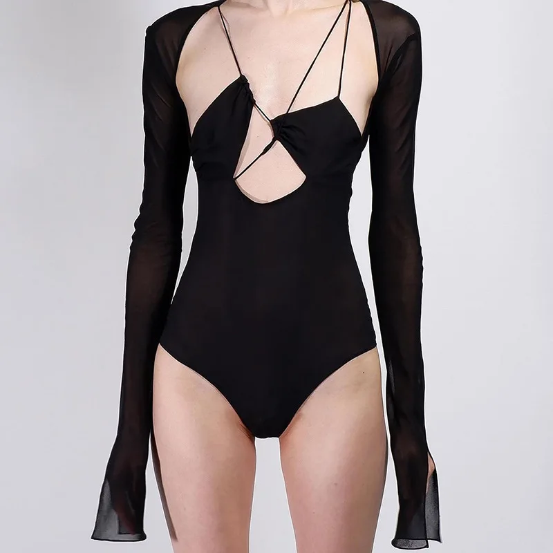 

2021 New Design in stock women sexy long sleeve hollow out fashion lady bodysuit