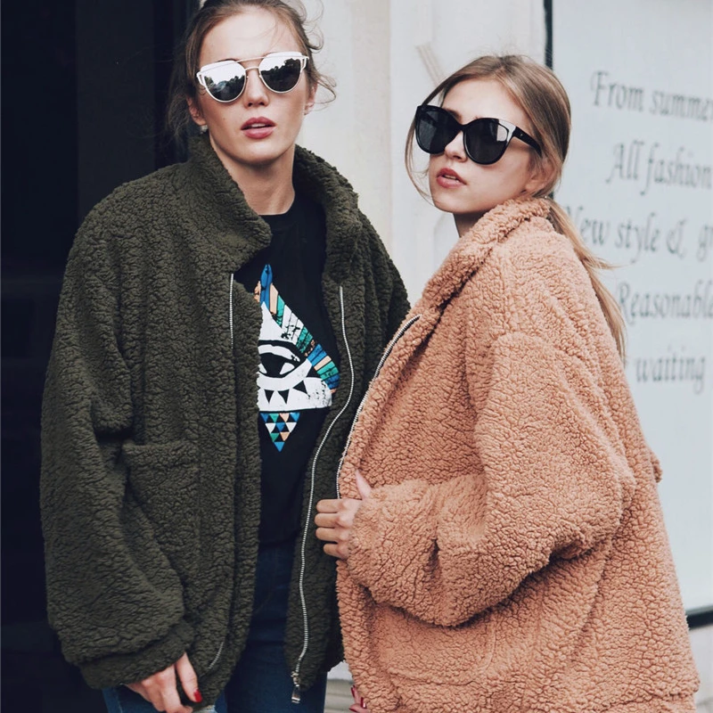 

2020 Women's coat casual lapel wool plush faux wool zipper coat warm winter oversize coat jacket, Black