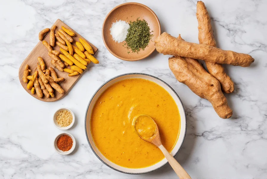 Turmeric supplements, fresh turmeric root, and cooking ingredients on marble surface