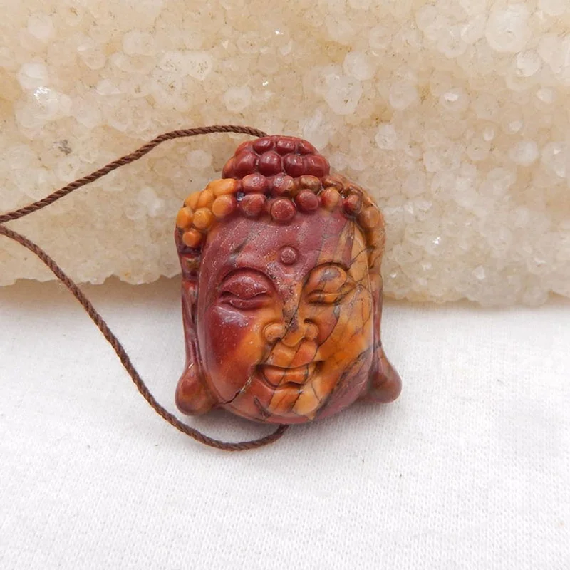 

Carved Red With Yellow Color Natural Multi-Color Picasso Jasper Gemstone Buddha Head Pendant Bead For Necklace Charm