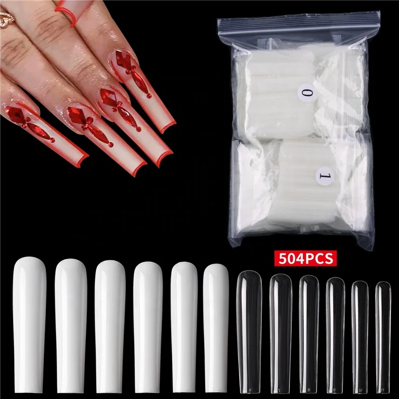 

XXXL 504 Pcs Artificial Fingernails Long Ballet Design False Press On Nail Tips Full Covered Manicure Accessory Supplies, Clear/natural