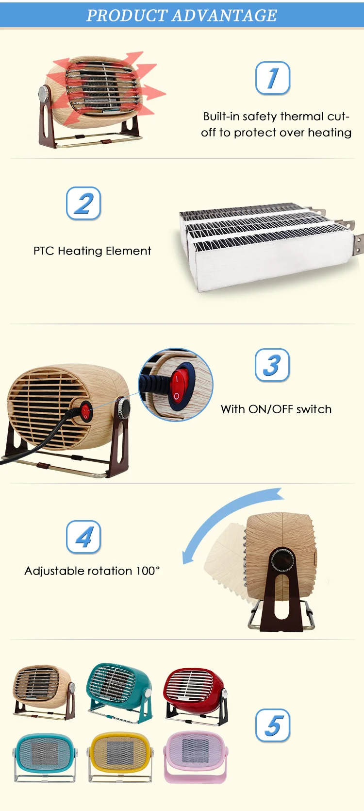 Custom colors Custom colors portable 500W/ 400W mini electric heater with ON/OFF switch