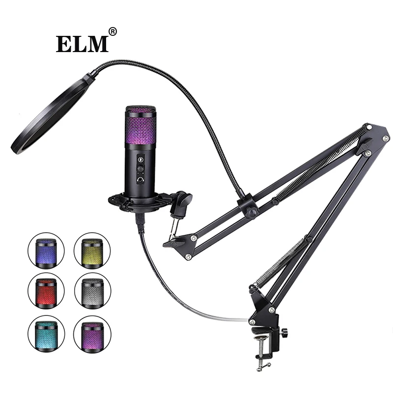 

professional rgb music recording youtube microphone set stand condenser microphone usb, Black