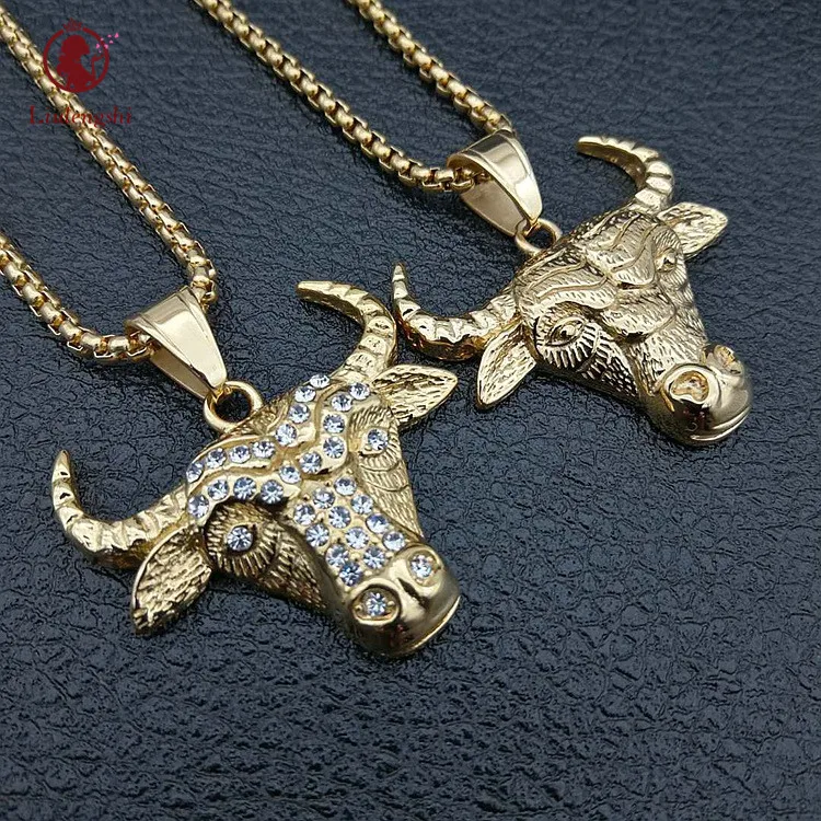 

2021 New Arrival Hip Hops Titanium Steel Cow Necklace Stainless Steel Inlay Crystal Rhinestone Cubic Zircon Animal Bull Necklace
