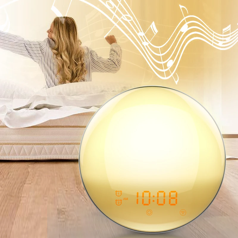 

portable wifi app bluetooth speaker sleep and improve mood sunrise smart alarm clock led wake up light for kids, White