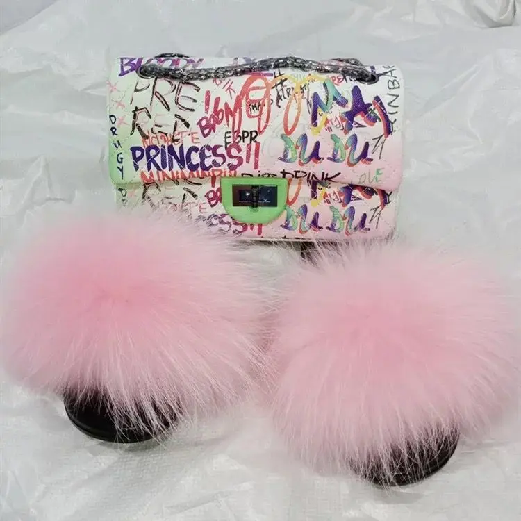 

Real fur slides fur slippers fur slide and purse set, Customized color