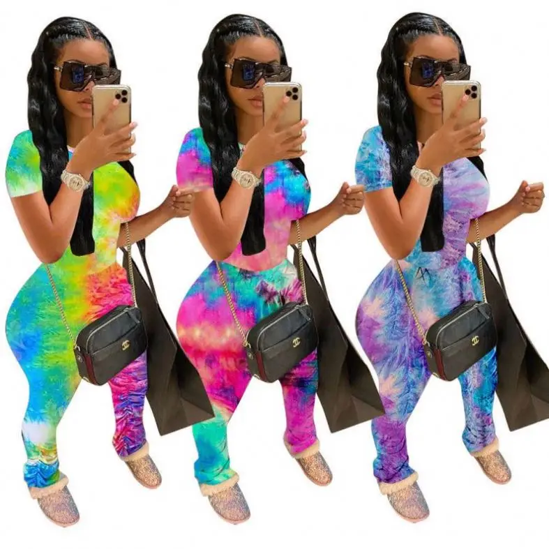 

SZ1018 summer Fashion jogging sets sportswear short sleeves cute tie dye drape leisure stacked pants set women two piece set