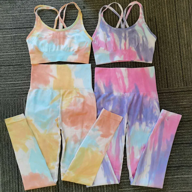 

Womens Gym Workout Set Tie Dyed Seamless Leggings Set, Picture