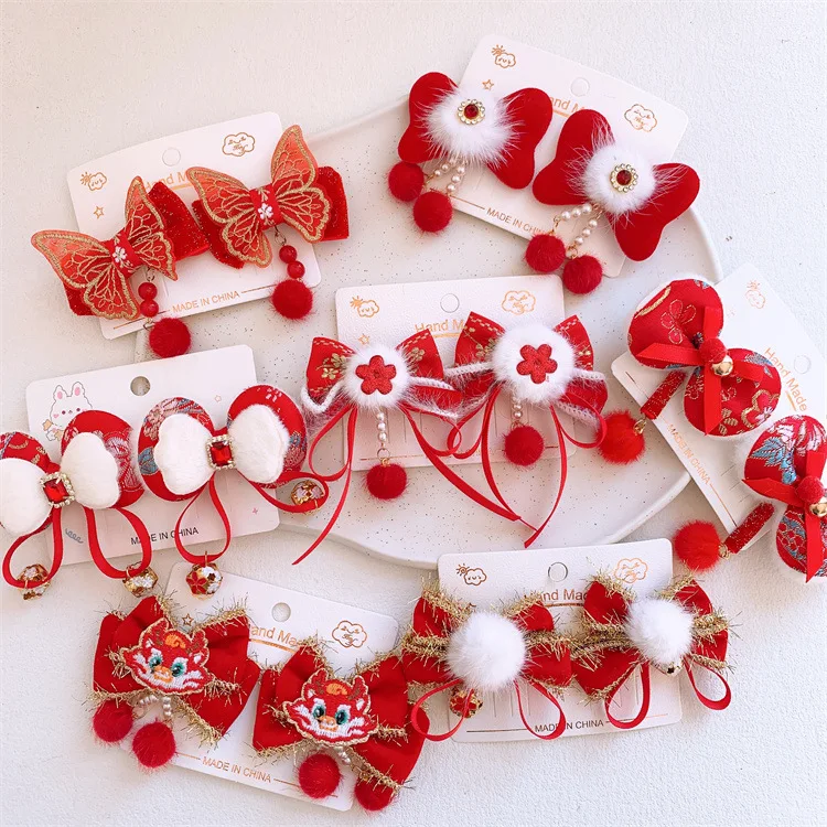 

Hot Sell Red Color New Year Hair Ornament Butterfly Bow Design Hair Clips Chinese Tradition Tassel Hair Grips With Pom Pom Ball