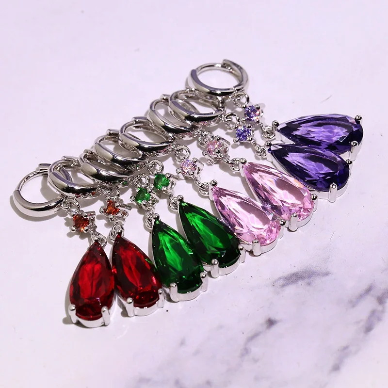 

New Fashion Long Water drop Cubic Zircon Green Royal Blue Red Pink Drop Earrings For Women Party Jewelry Best Christmas Gift