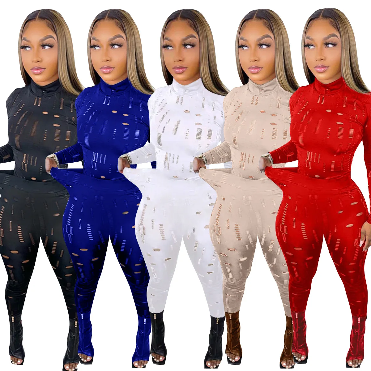 

Wholesale Womens Boutique Clothing Mesh 2 Piece Sets 2022 Sexy Hollow Out High Neck Top With Leggings Set